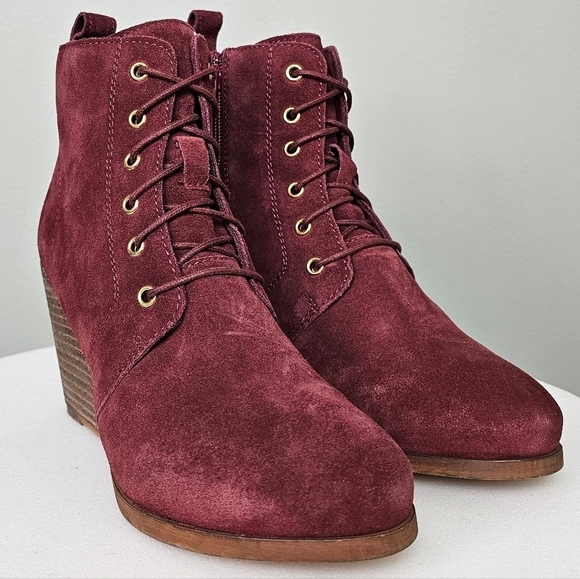 Diba Blake Suede Ankle Bootie Wedge Heel Lace Up Round Toe Burgundy Womens - Picture 5 of 15